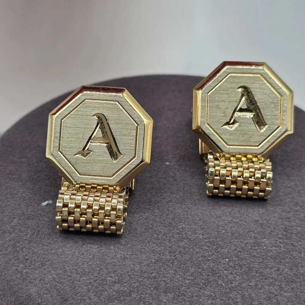 Gold Tone Octagon Letter A Cufflinks Mesh Band Chain Link Formal Wear Monogram